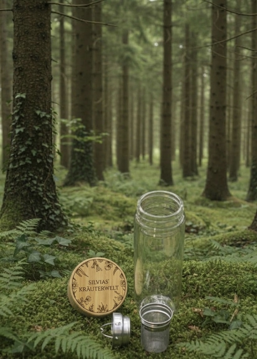 Doppelwandige Teeflasche 400 ml mit Edelstahl Sieb und Bambusdeckel