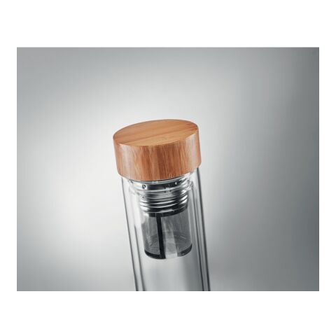Doppelwandige Teeflasche 400 ml mit Edelstahl Sieb und Bambusdeckel